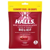 Halls Cough & Throat Relief Cherry Flavor Menthol Drops Economy Pack, (80 count)